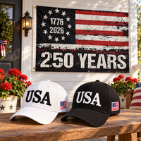 USA 250th Anniversary Cap gift set lifestyle: White & Black hats with 3x5 250 Years Distressed Flag