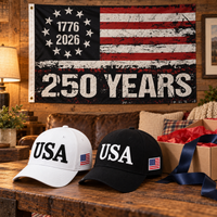 USA 250th Anniversary Cap gift set lifestyle: White & Black hats with 3x5 250 Years Distressed Flag