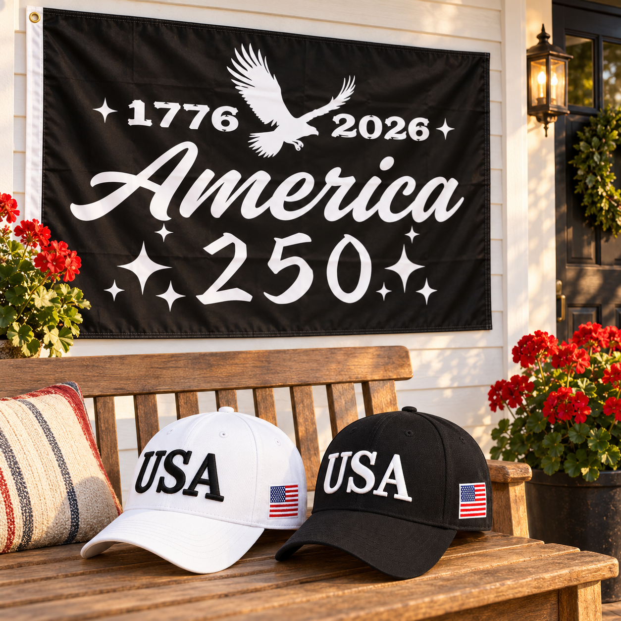USA 250th Anniversary Cap gift set lifestyle: White & Black hats with 3x5 America 250 Script Flag