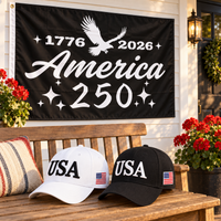 USA 250th Anniversary Cap gift set lifestyle: White & Black hats with 3x5 America 250 Script Flag