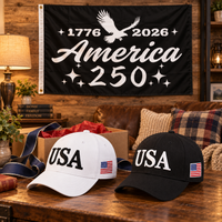 USA 250th Anniversary Cap gift set lifestyle: White & Black hats with 3x5 America 250 Script Flag