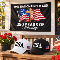 USA 250th Anniversary Cap gift set lifestyle: White & Black hats with 3x5 One Nation Under God Flag