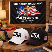 USA 250th Anniversary Cap gift set lifestyle: White & Black hats with 3x5 One Nation Under God Flag