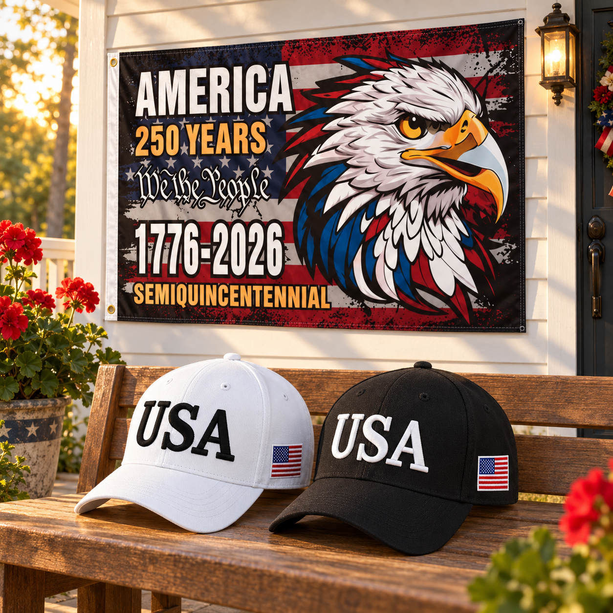 USA 250th Anniversary Cap gift set lifestyle: White & Black hats with 3x5 Semiquincentennial Eagle Flag