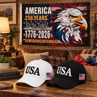 USA 250th Anniversary Cap gift set lifestyle: White & Black hats with 3x5 Semiquincentennial Eagle Flag