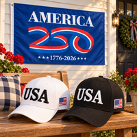 USA 250th Anniversary Cap gift set lifestyle: White & Black hats with 3x5 America 250 Flag (Blue)