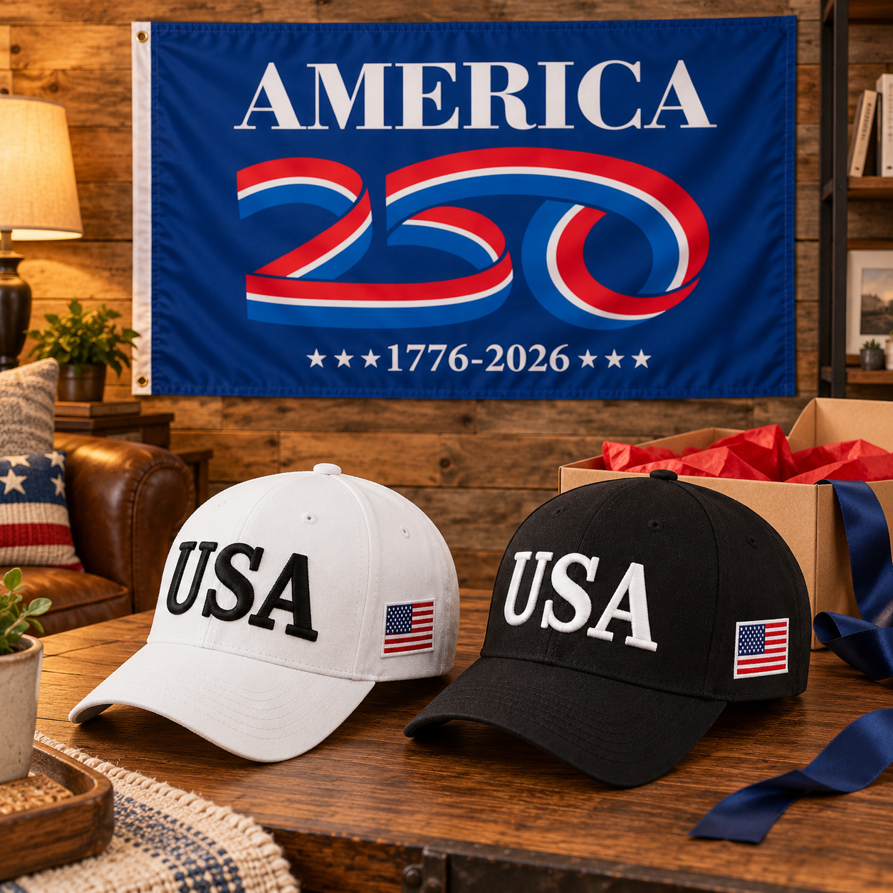 USA 250th Anniversary Cap gift set lifestyle: White & Black hats with 3x5 America 250 Flag (Blue)
