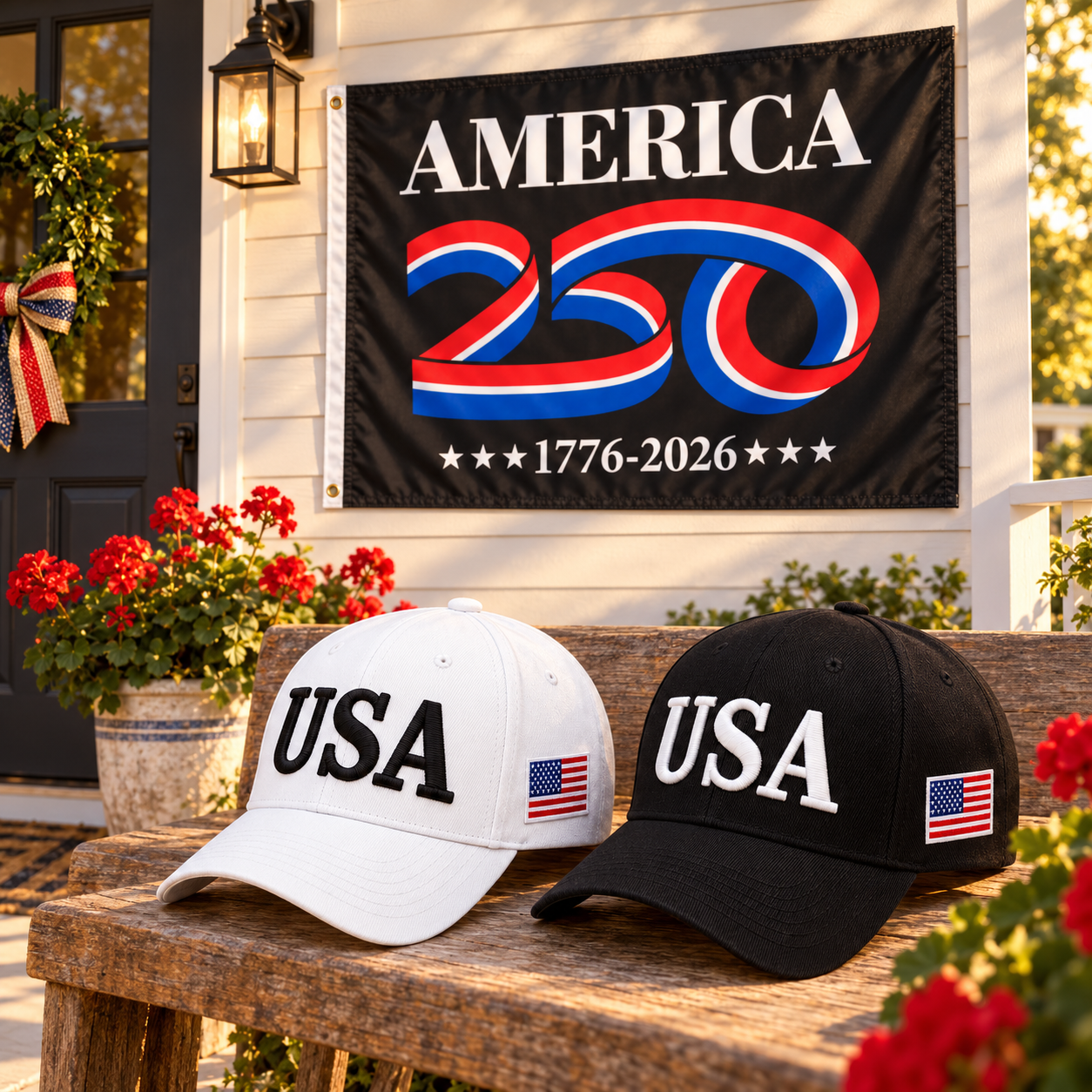 USA 250th Anniversary Cap gift set lifestyle: White & Black hats with 3x5 America 250 Flag (Black)