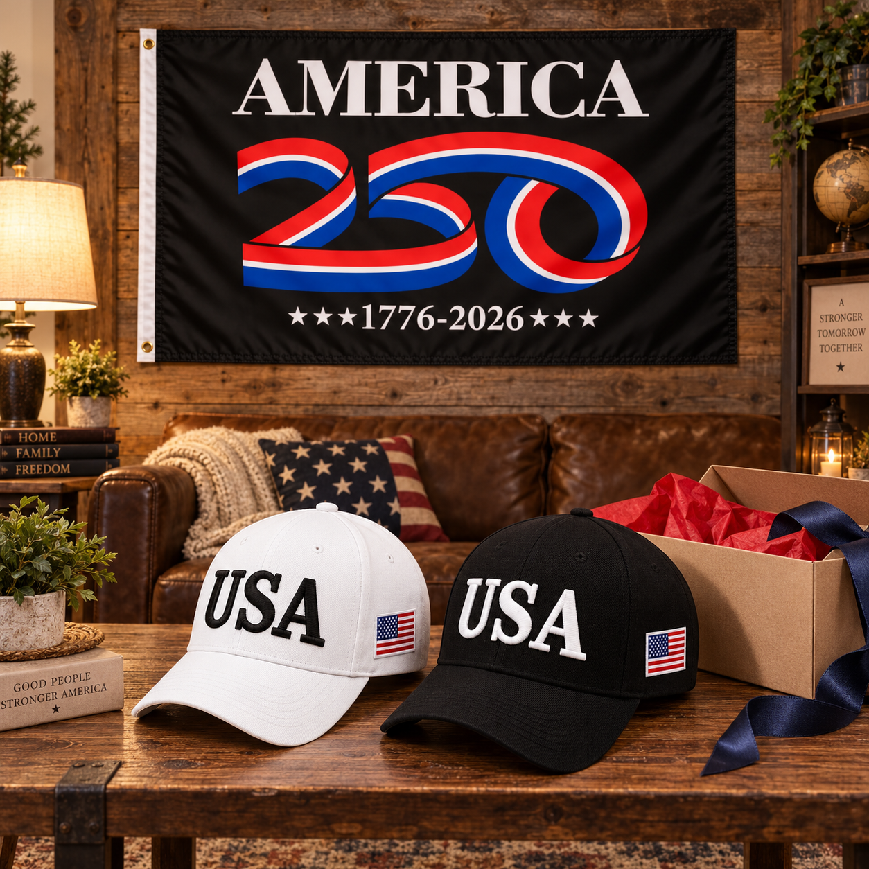 USA 250th Anniversary Cap gift set lifestyle: White & Black hats with 3x5 America 250 Flag (Black)