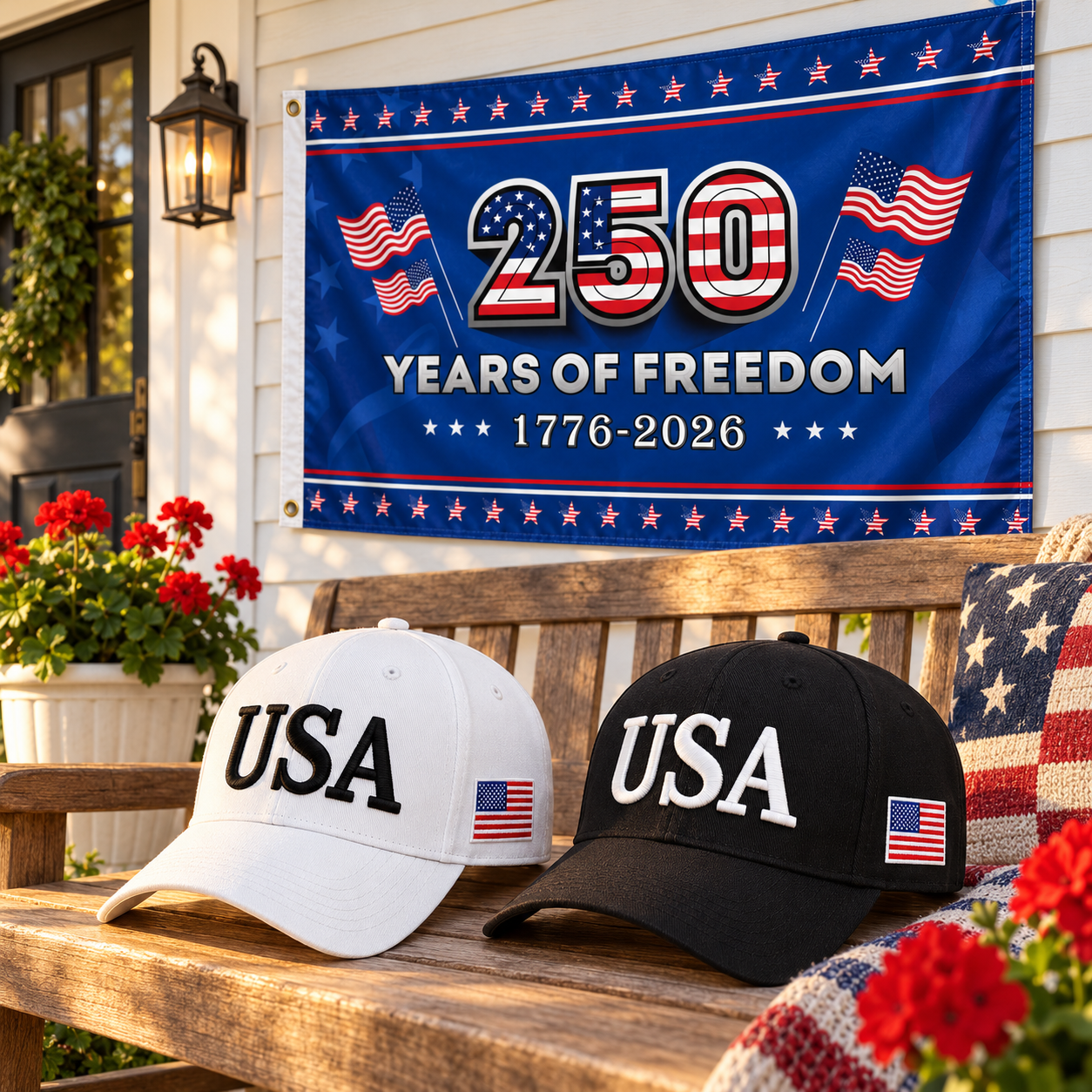 USA 250th Anniversary Cap gift set lifestyle: White & Black hats with 3x5 250 Years of Freedom Flag (Blue)