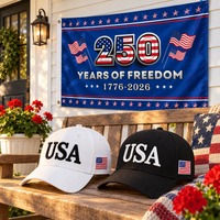 USA 250th Anniversary Cap gift set lifestyle: White & Black hats with 3x5 250 Years of Freedom Flag (Blue)