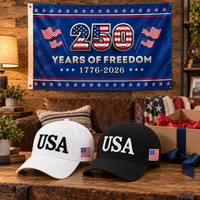 USA 250th Anniversary Cap gift set lifestyle: White & Black hats with 3x5 250 Years of Freedom Flag (Blue)