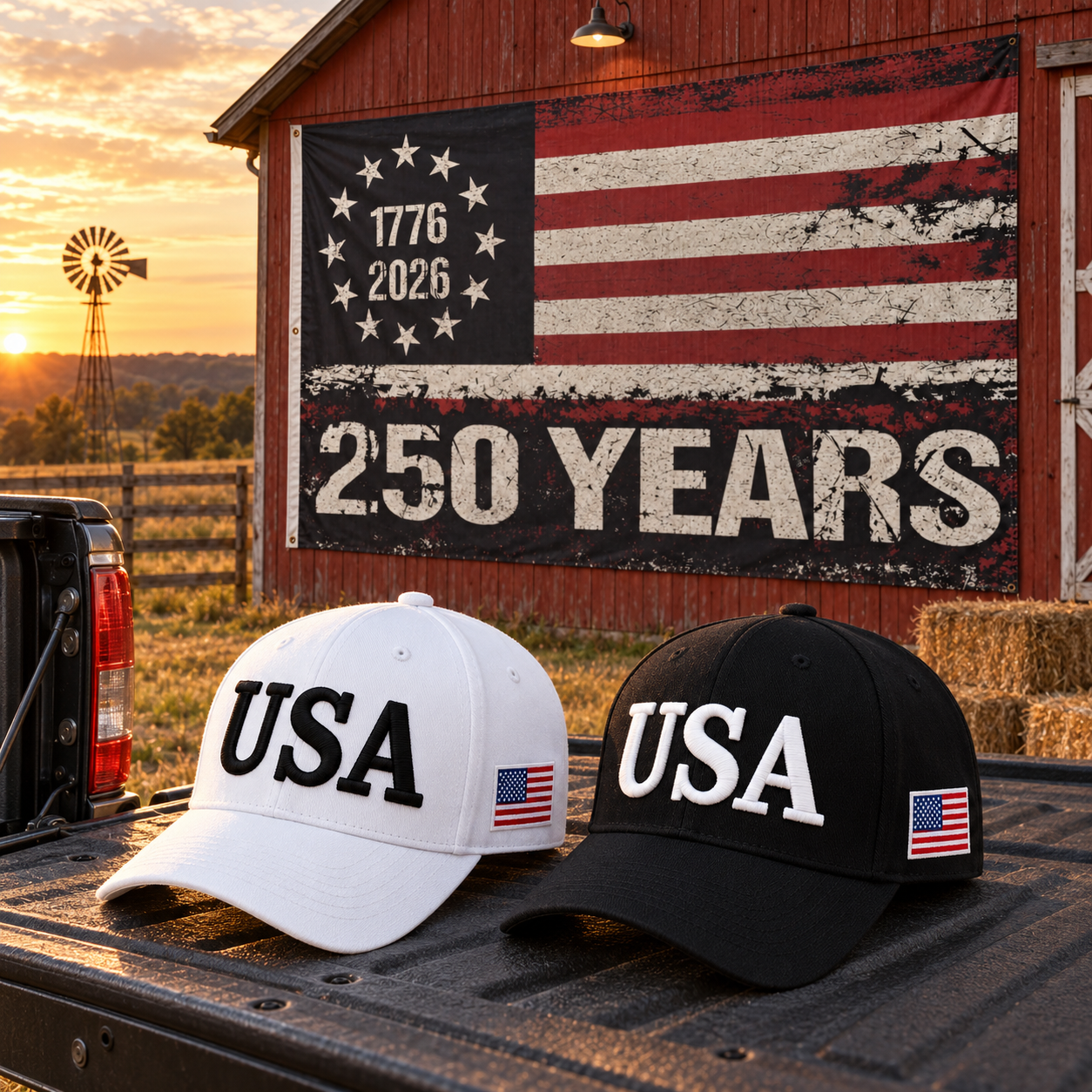USA 250th Anniversary Cap gift set lifestyle: White & Black hats with HUGE 6x10 250 Years Distressed Flag