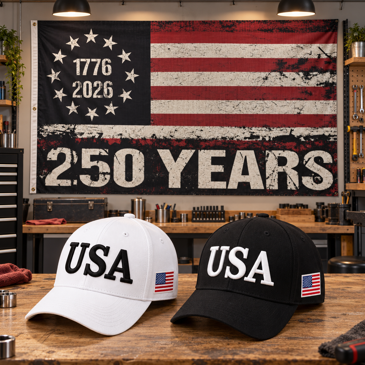 USA 250th Anniversary Cap gift set lifestyle: White & Black hats with HUGE 6x10 250 Years Distressed Flag