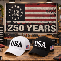 USA 250th Anniversary Cap gift set lifestyle: White & Black hats with HUGE 6x10 250 Years Distressed Flag