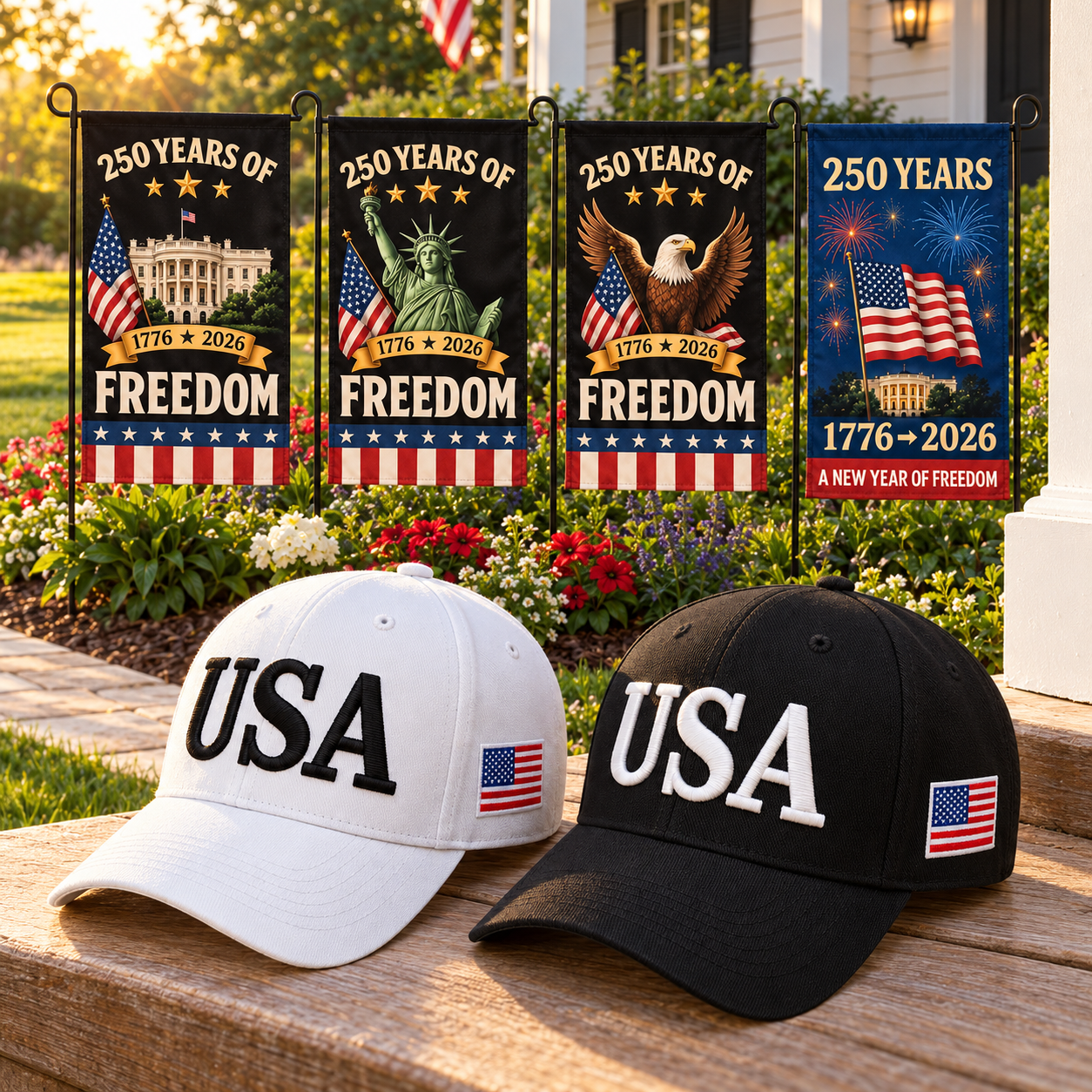 USA 250th Anniversary Cap gift set lifestyle: White & Black hats with 4 Garden Flags (250 Years of Freedom Set)