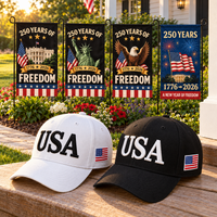USA 250th Anniversary Cap gift set lifestyle: White & Black hats with 4 Garden Flags (250 Years of Freedom Set)