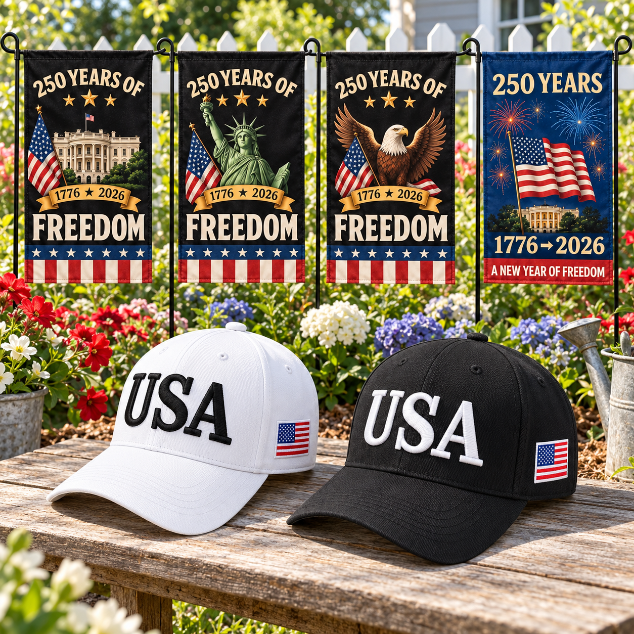 USA 250th Anniversary Cap gift set lifestyle: White & Black hats with 4 Garden Flags (250 Years of Freedom Set)