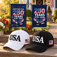 USA 250th Anniversary Cap gift set lifestyle: White & Black hats with 2 Garden Flags (250 Years Set)