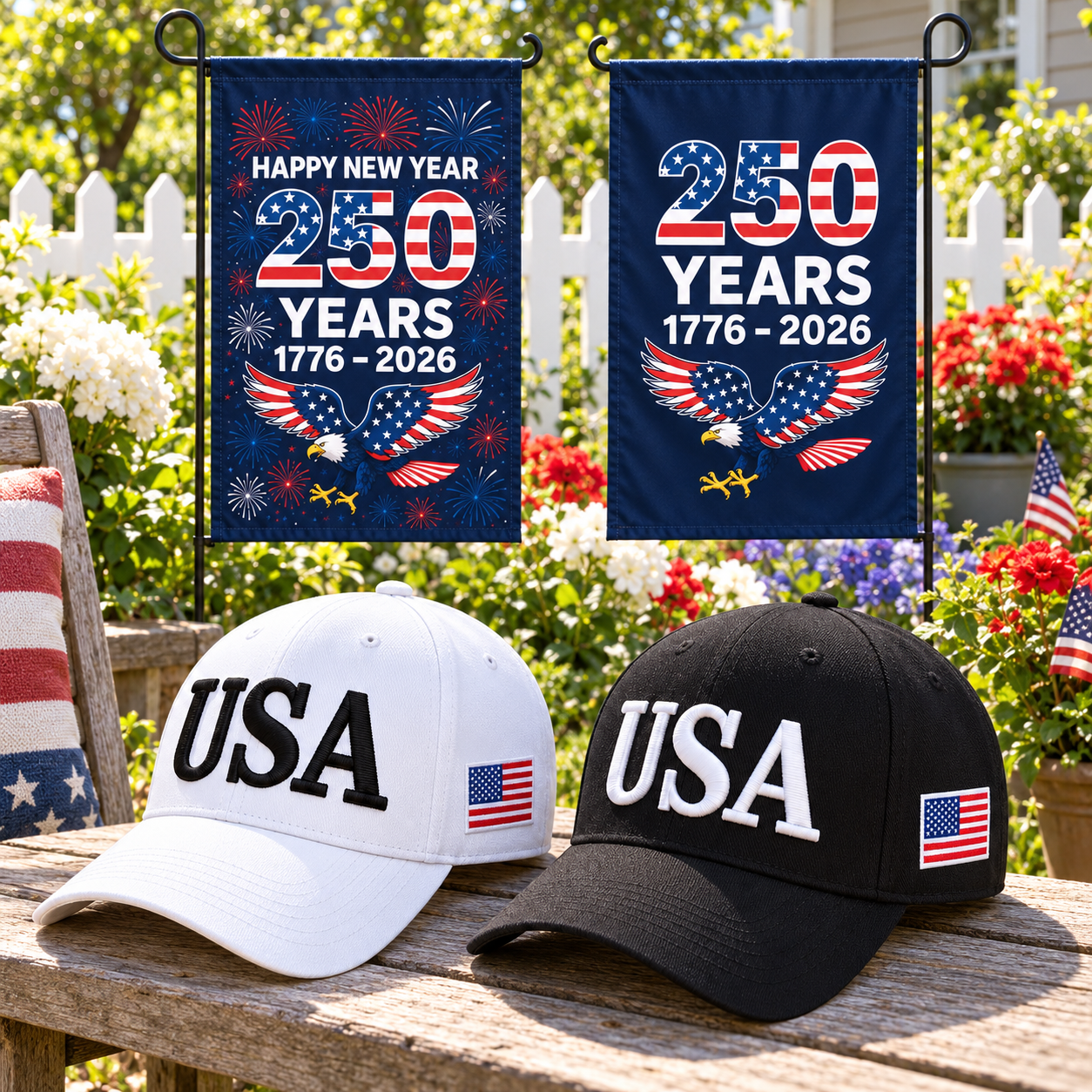 USA 250th Anniversary Cap gift set lifestyle: White & Black hats with 2 Garden Flags (250 Years Set)