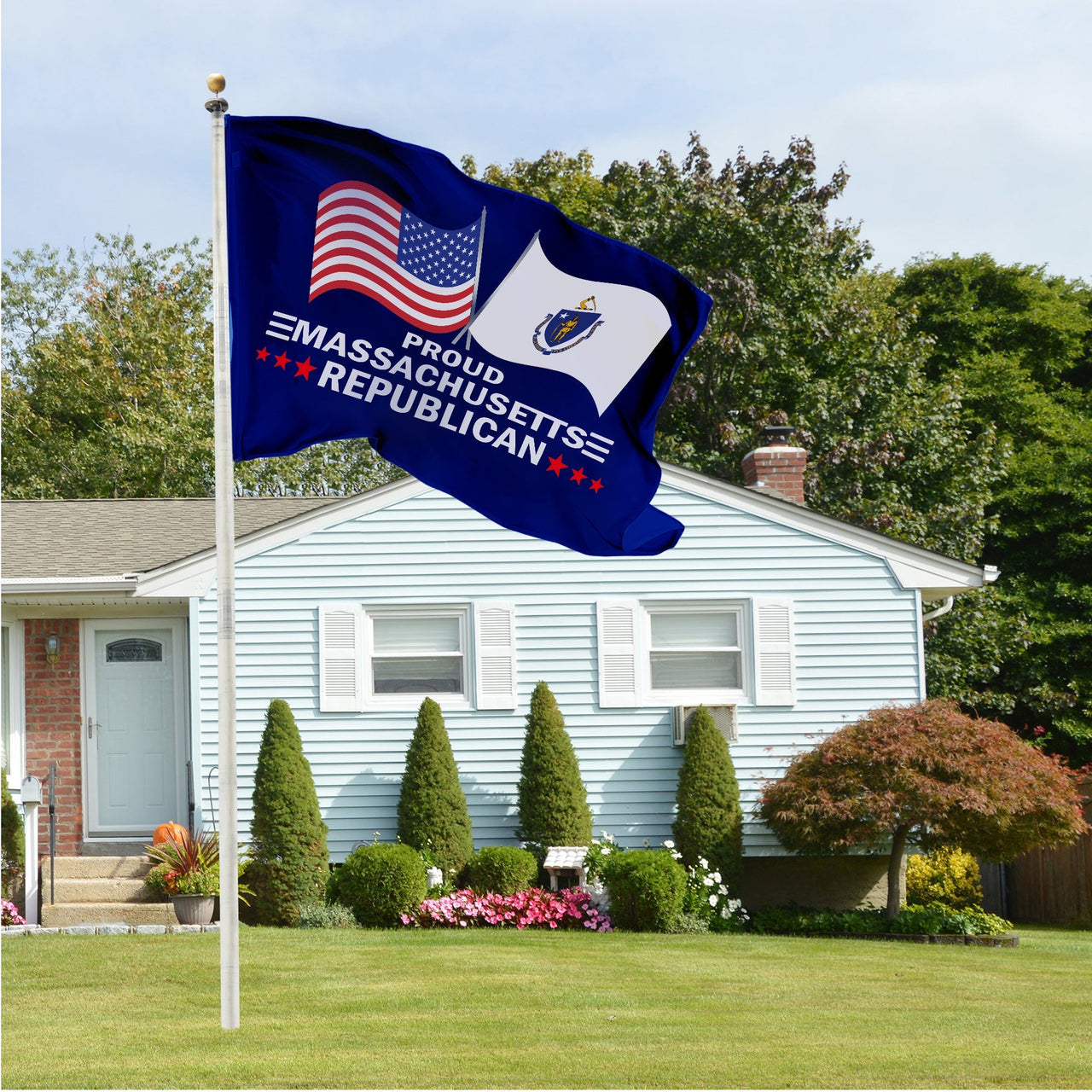Proud Massachusetts Republican flag flying in front of a house