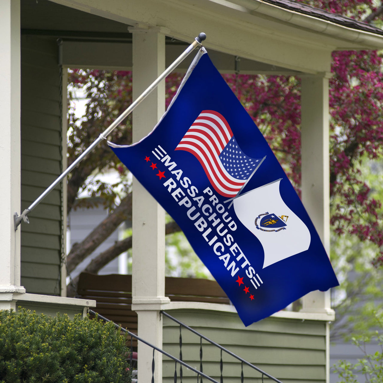 Proud Massachusetts Republican flag on a porch