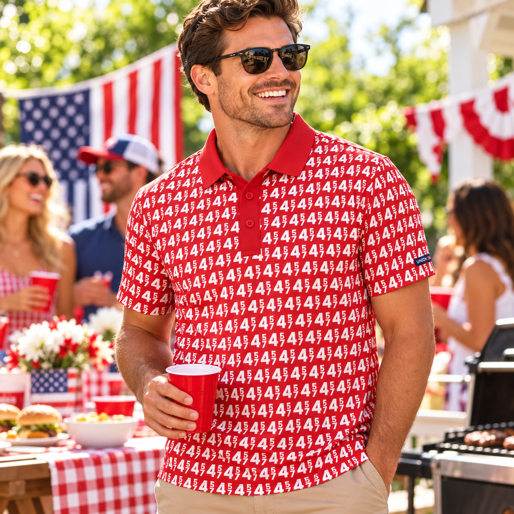 45/47 Presidential Polo Shirt in red – at a backyard barbecue