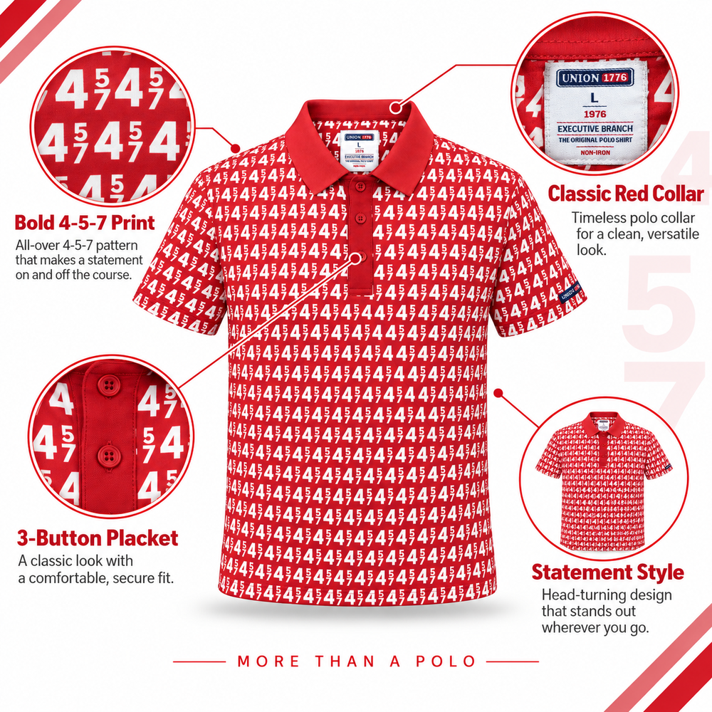 45/47 Presidential Polo Shirt in red – key features: 4-5-7 print, collar and 3-button placket