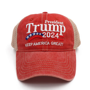 President 2024 “Keep America Great” Embroidered Trucker Hat – Vintage Red/Tan