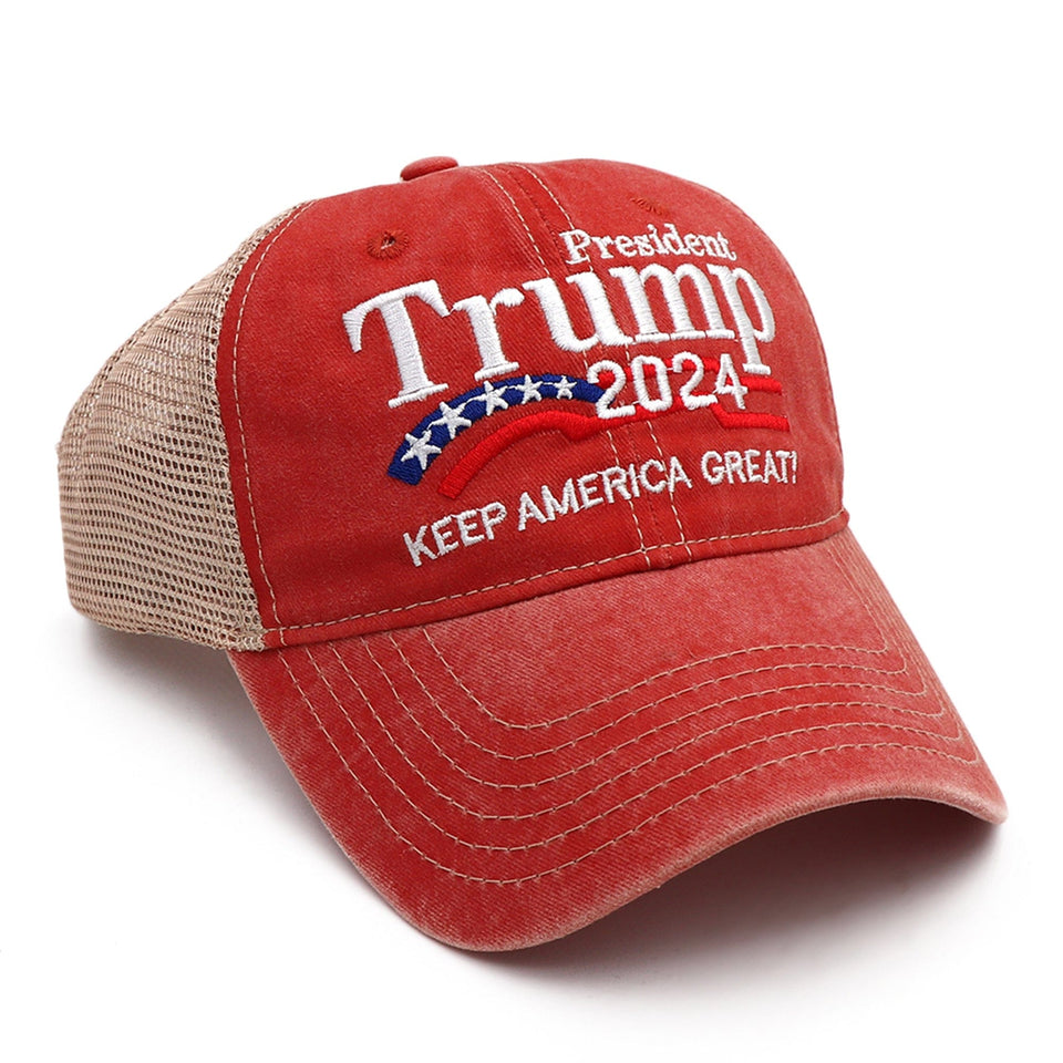 President 2024 “Keep America Great” Embroidered Trucker Hat – Vintage Red/Tan