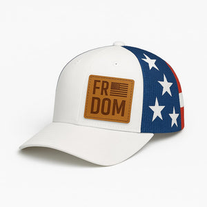 Freedom Hat — White Front, Leather Patch, USA Flag Mesh Snapback Hat