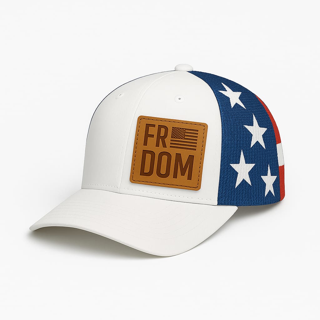 Freedom Hat — White Front, Leather Patch, USA Flag Mesh Snapback Hat