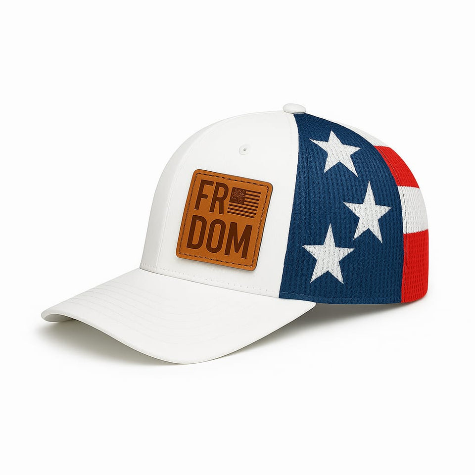 Freedom Hat — White Front, Leather Patch, USA Flag Mesh Snapback Hat
