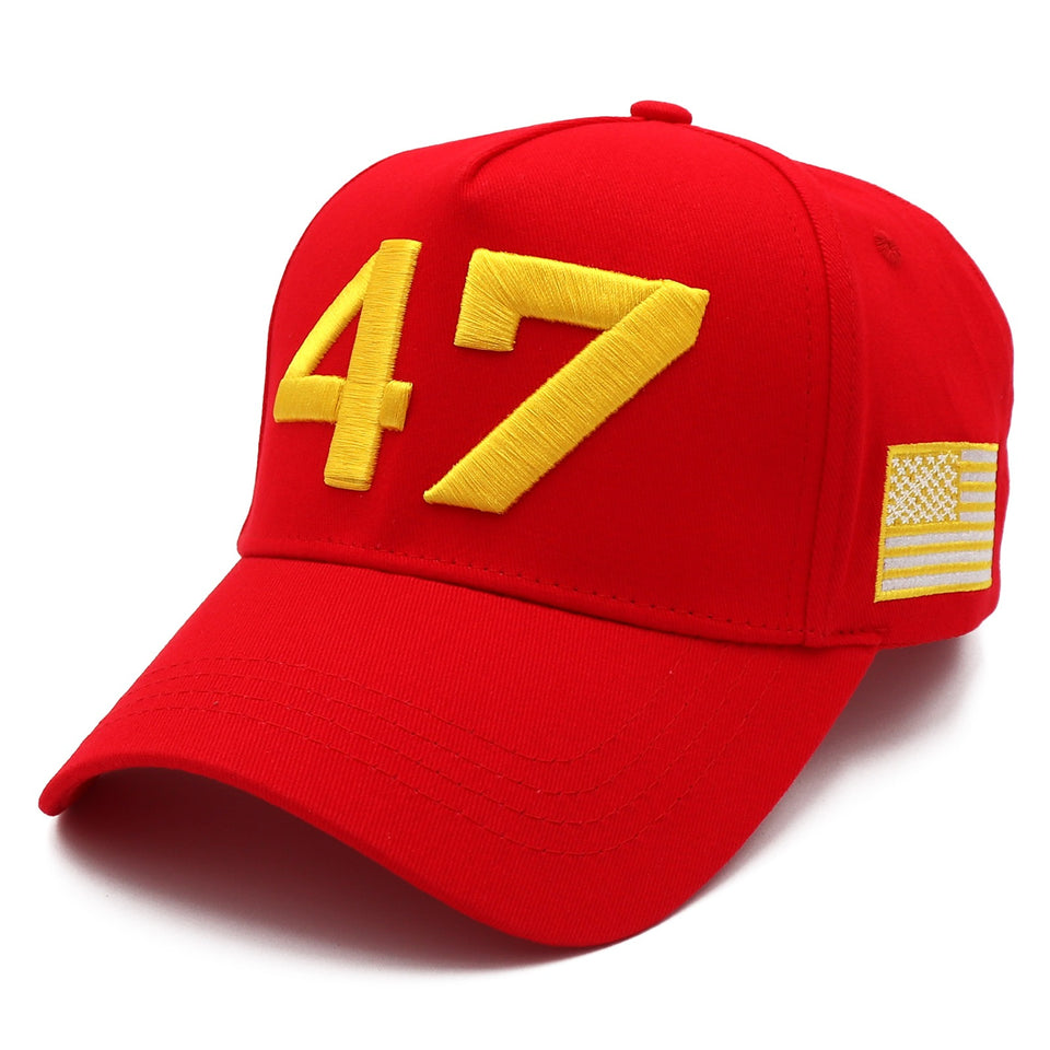 Red Gold 47 Presidential Tribute Hat – Adjustable , Embroidered USA Flag