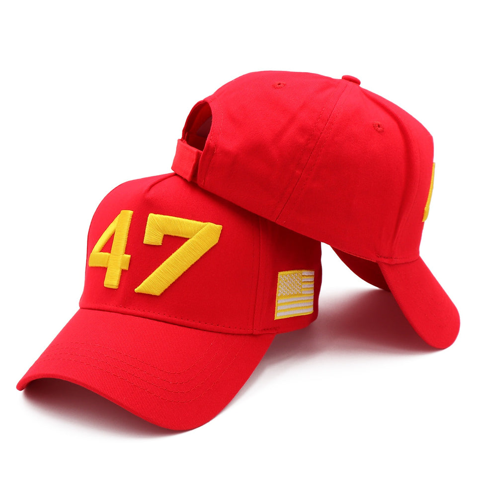 Red Gold 47 Presidential Tribute Hat – Adjustable , Embroidered USA Flag