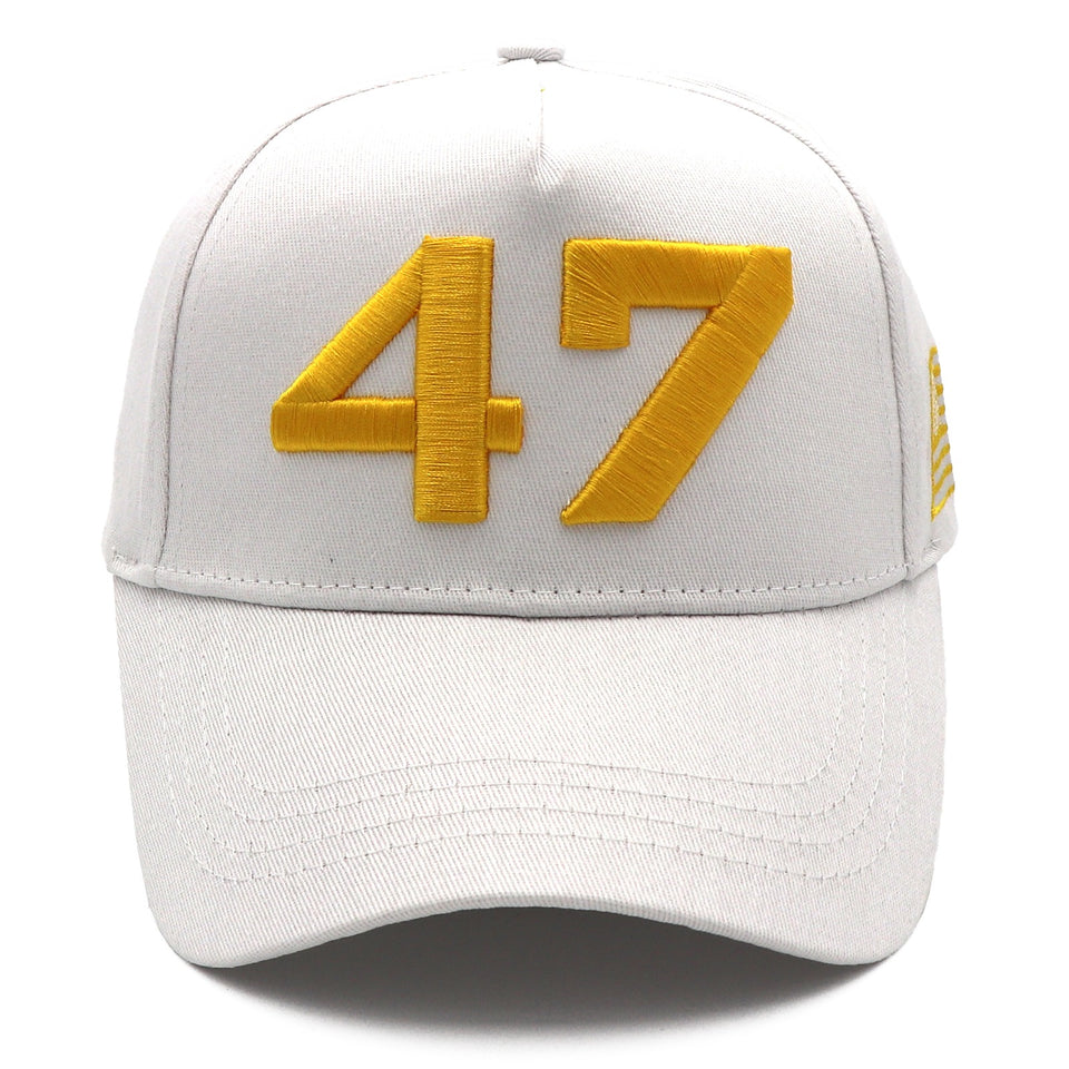 White Gold 47 Presidential Tribute Hat – Adjustable , Embroidered USA Flag