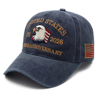 USA 250th Anniversary Eagle Embroidered Cap 1776 – 2026 – Washed Navy