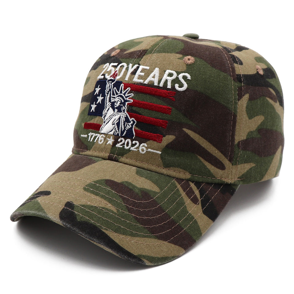 250 Years of Freedom Hat | 1776 - 2026 Patriotic Vintage Baseball Cap with Statue of Liberty Embroidery - Great for Dads and Grads - Camo