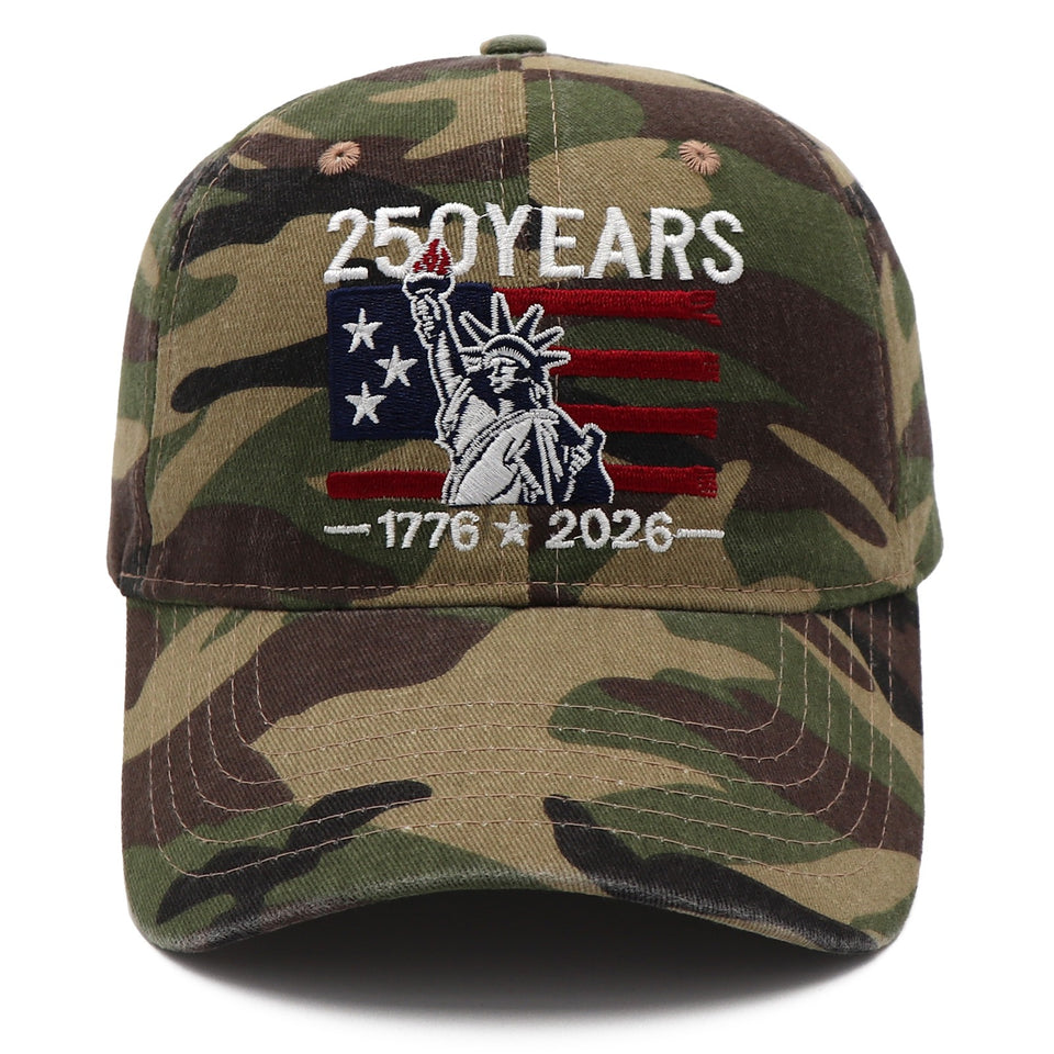 250 Years of Freedom Hat | 1776 - 2026 Patriotic Vintage Baseball Cap with Statue of Liberty Embroidery - Great for Dads and Grads - Camo
