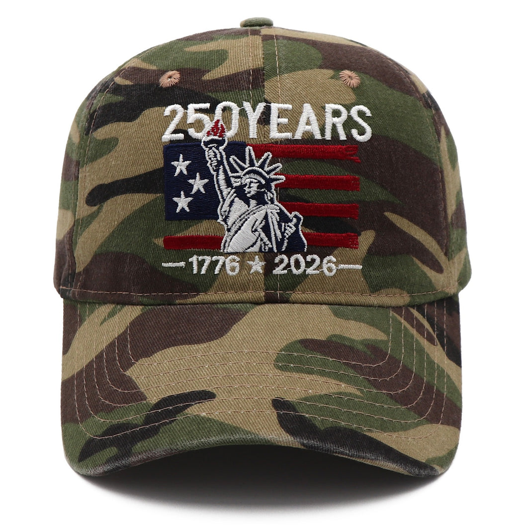 250 Years of Freedom Hat | 1776 - 2026 Patriotic Vintage Baseball Cap with Statue of Liberty Embroidery - Great for Dads and Grads - Camo