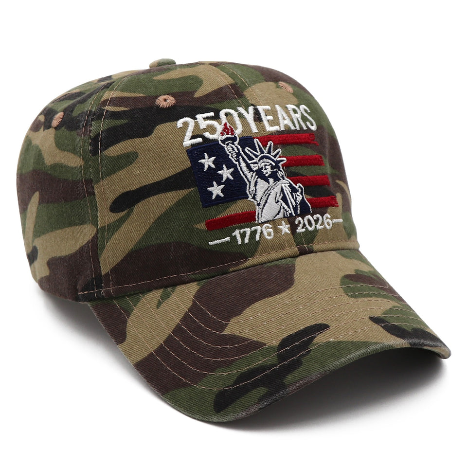 250 Years of Freedom Hat | 1776 - 2026 Patriotic Vintage Baseball Cap with Statue of Liberty Embroidery - Great for Dads and Grads - Camo