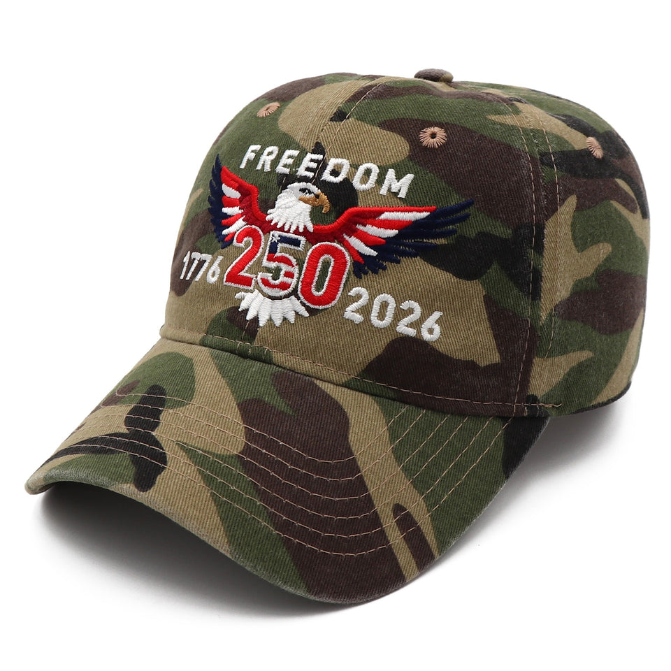 Freedom 250th Hat – 1776-2026 Eagle Embroidered Adjustable Camo Baseball Cap