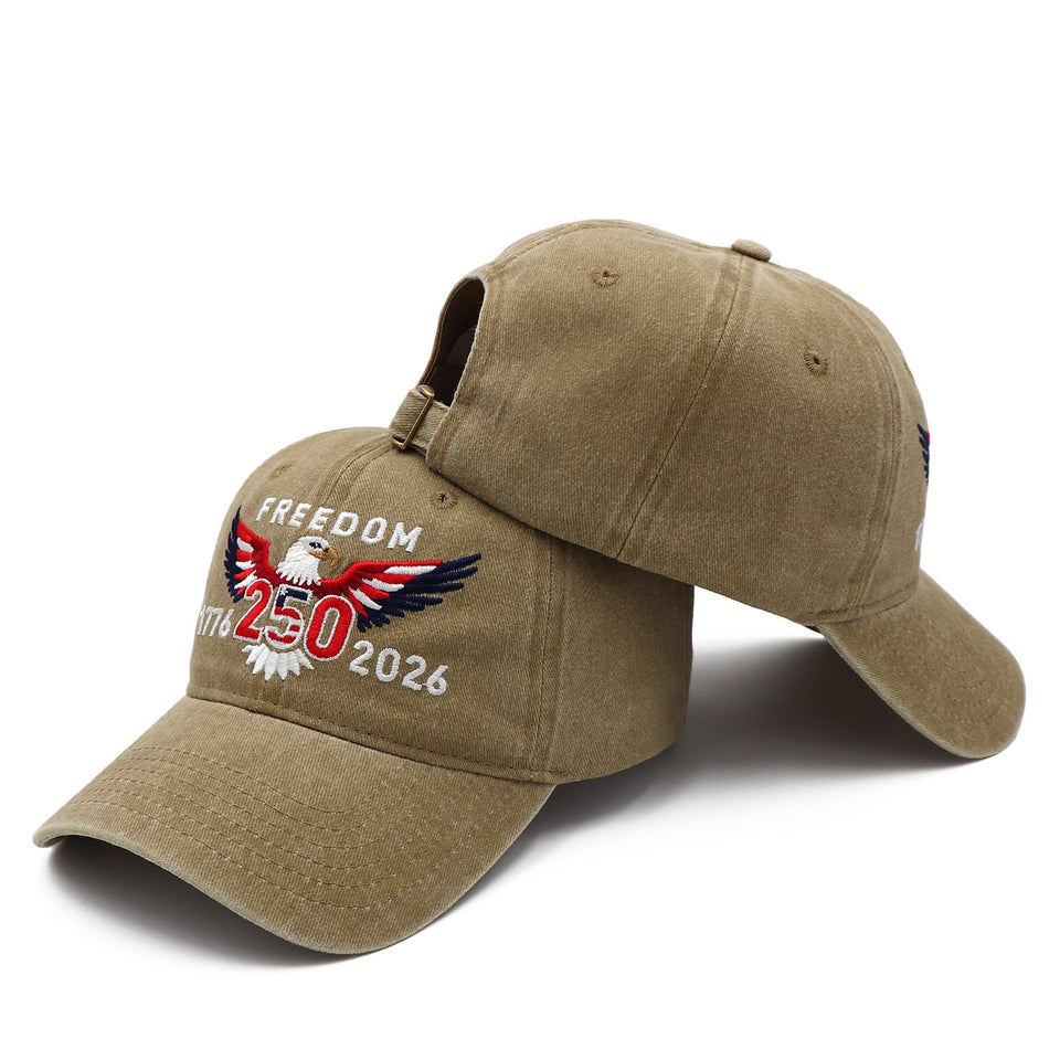 Freedom 250th Hat – 1776-2026 Eagle Embroidered Adjustable Khaki Baseball Cap