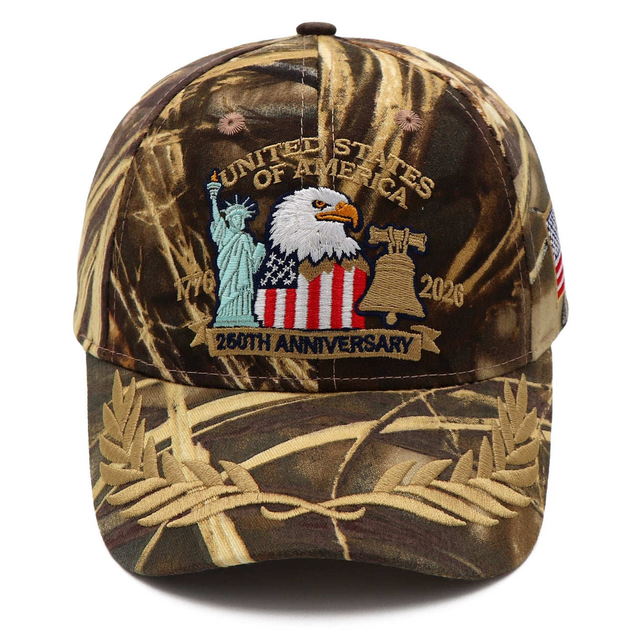 (Exclusive) United States of America 250th Anniversary Embroidered Cap — Camo Patriotic Hat (1776–2026)