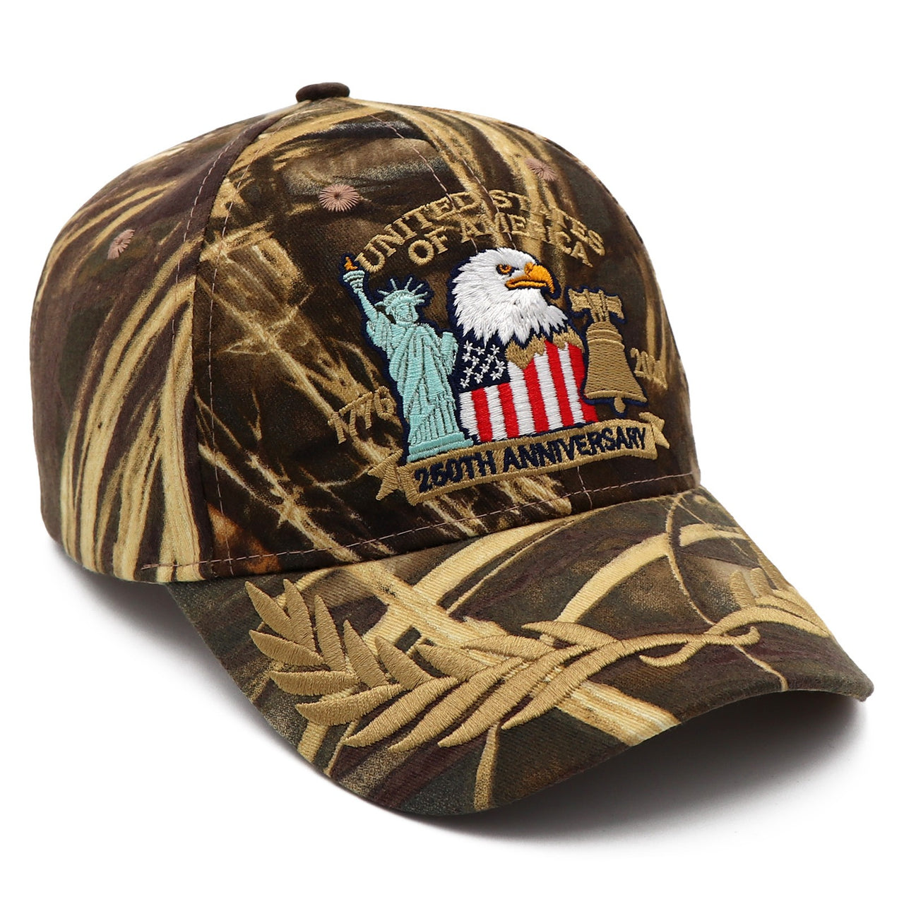 (Exclusive) United States of America 250th Anniversary Embroidered Cap — Camo Patriotic Hat (1776–2026)