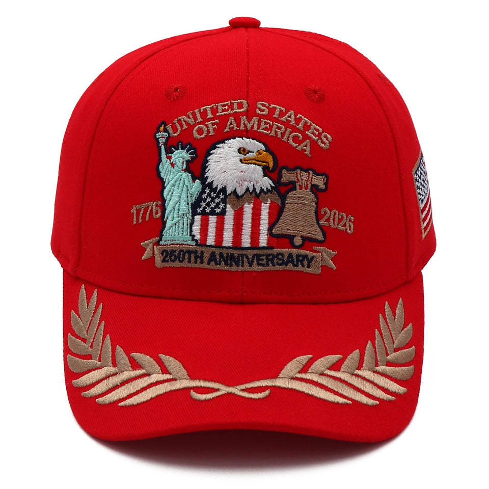 (Exclusive) United States of America 250th Anniversary Embroidered Cap — Red Patriotic Hat (1776–2026)