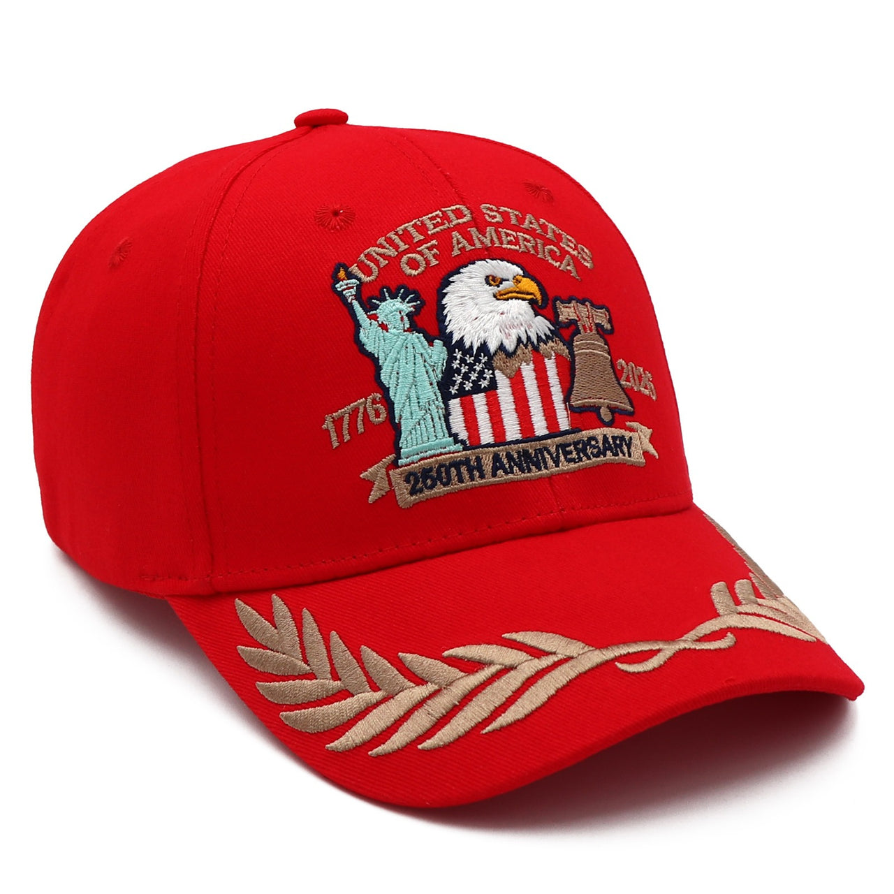 (Exclusive) United States of America 250th Anniversary Embroidered Cap — Red Patriotic Hat (1776–2026)