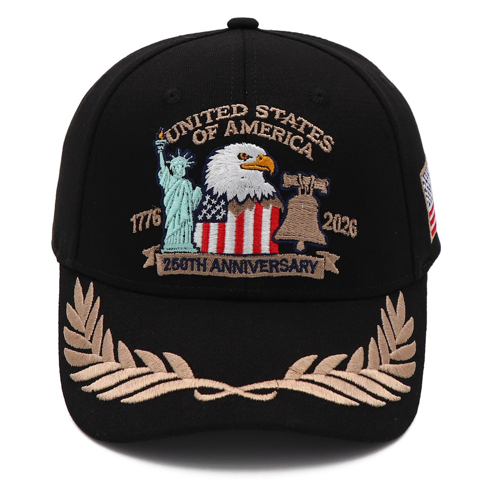 (Exclusive) United States of America 250th Anniversary Embroidered Cap — Black Patriotic Hat (1776–2026)