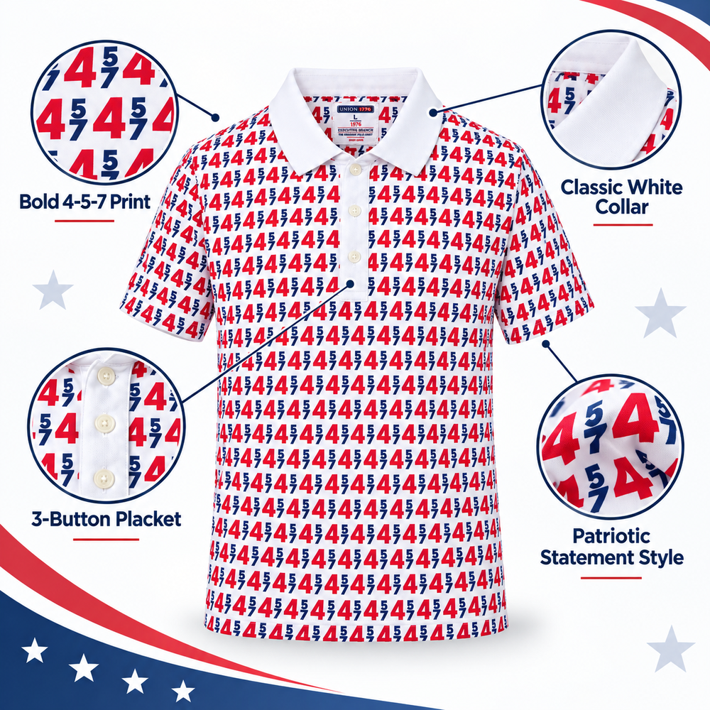45/47 Presidential Polo Shirt in white – key features: 4-5-7 print, collar and 3-button placket