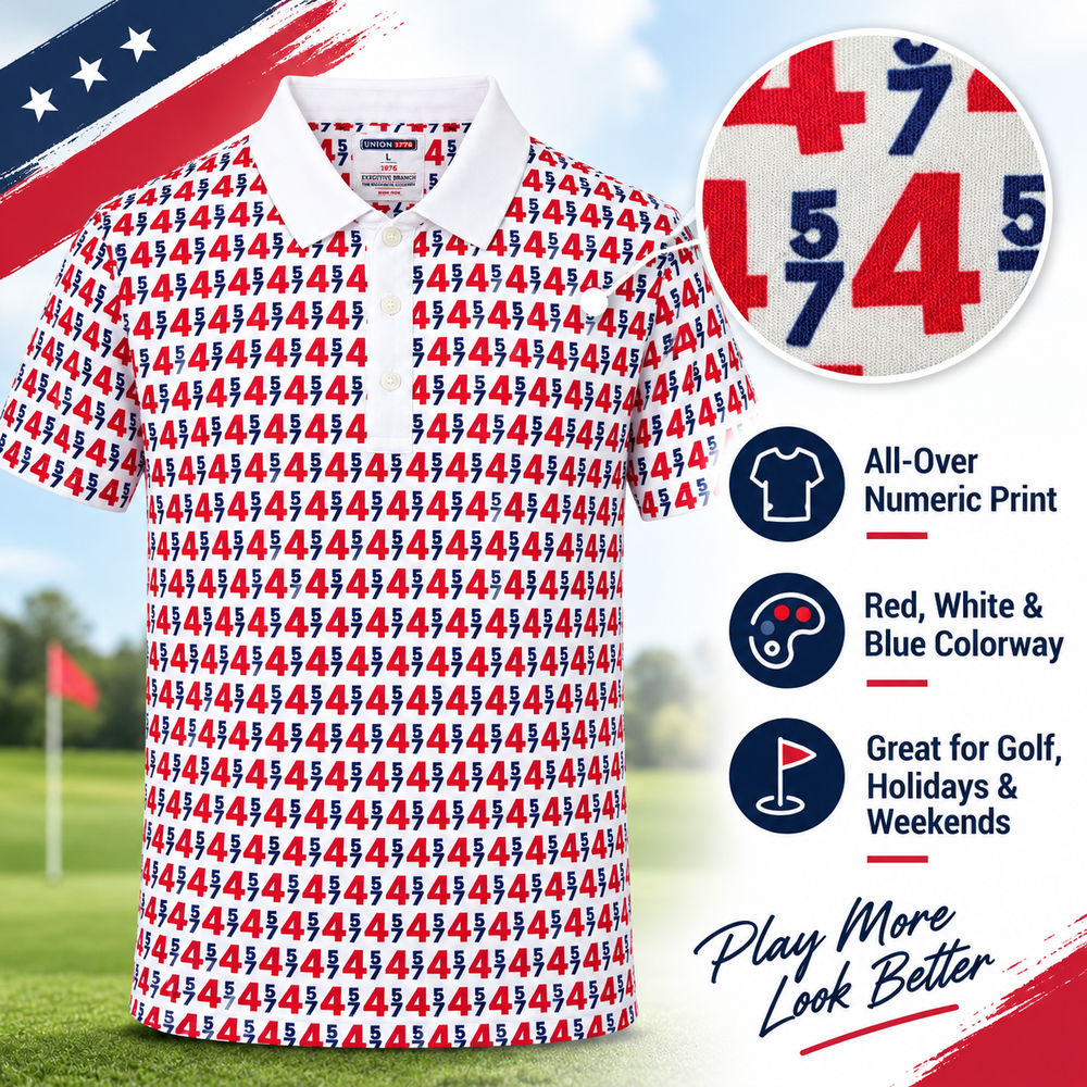 45/47 Presidential Polo Shirt in white – all-over 45/47 numeric print